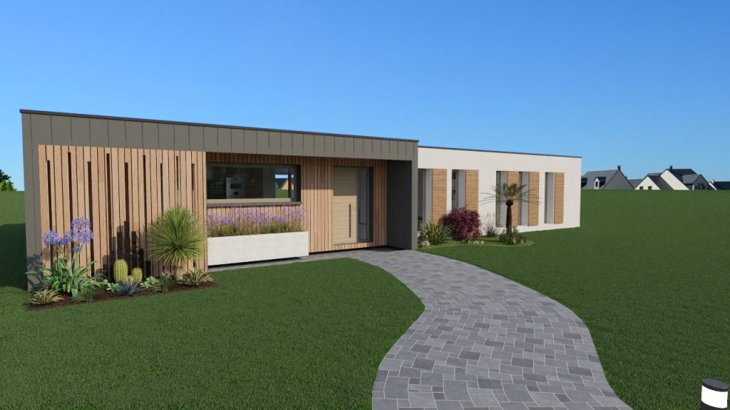 Visuel 3D d’une maison individuelle neuve à Fussy, façade en enduit clair et bardage bois