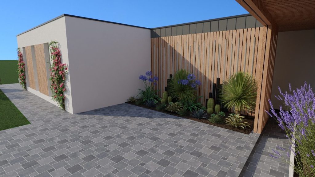 Visuel 3D de l’entrée d’une maison neuve à Fussy, bardage bois et massif paysager