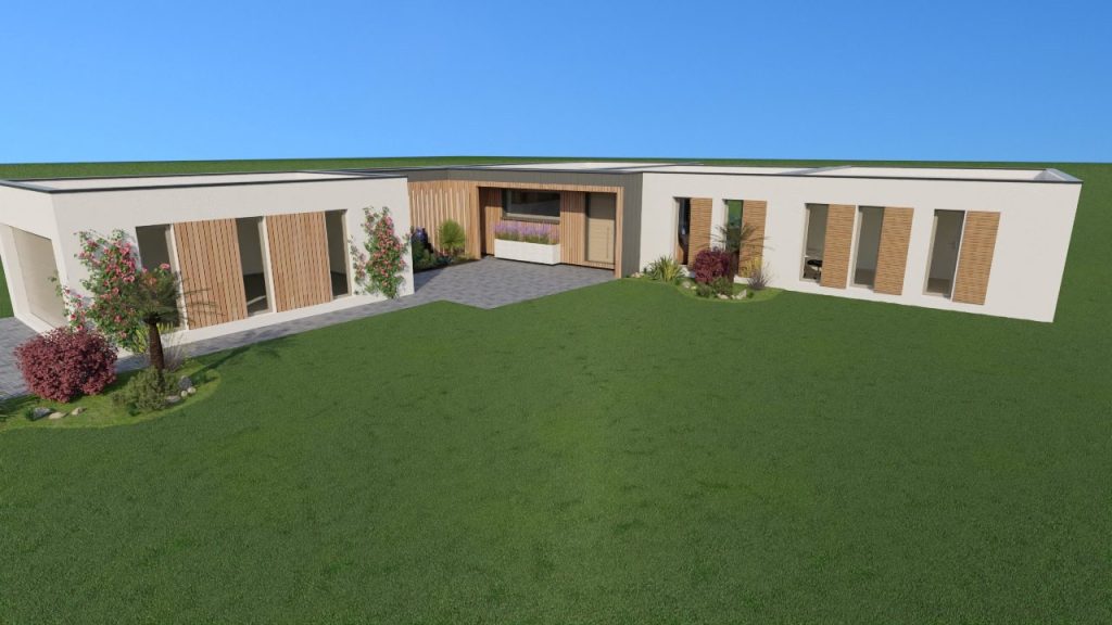 Visuel 3D d’une maison de plain-pied à Fussy vue depuis le jardin